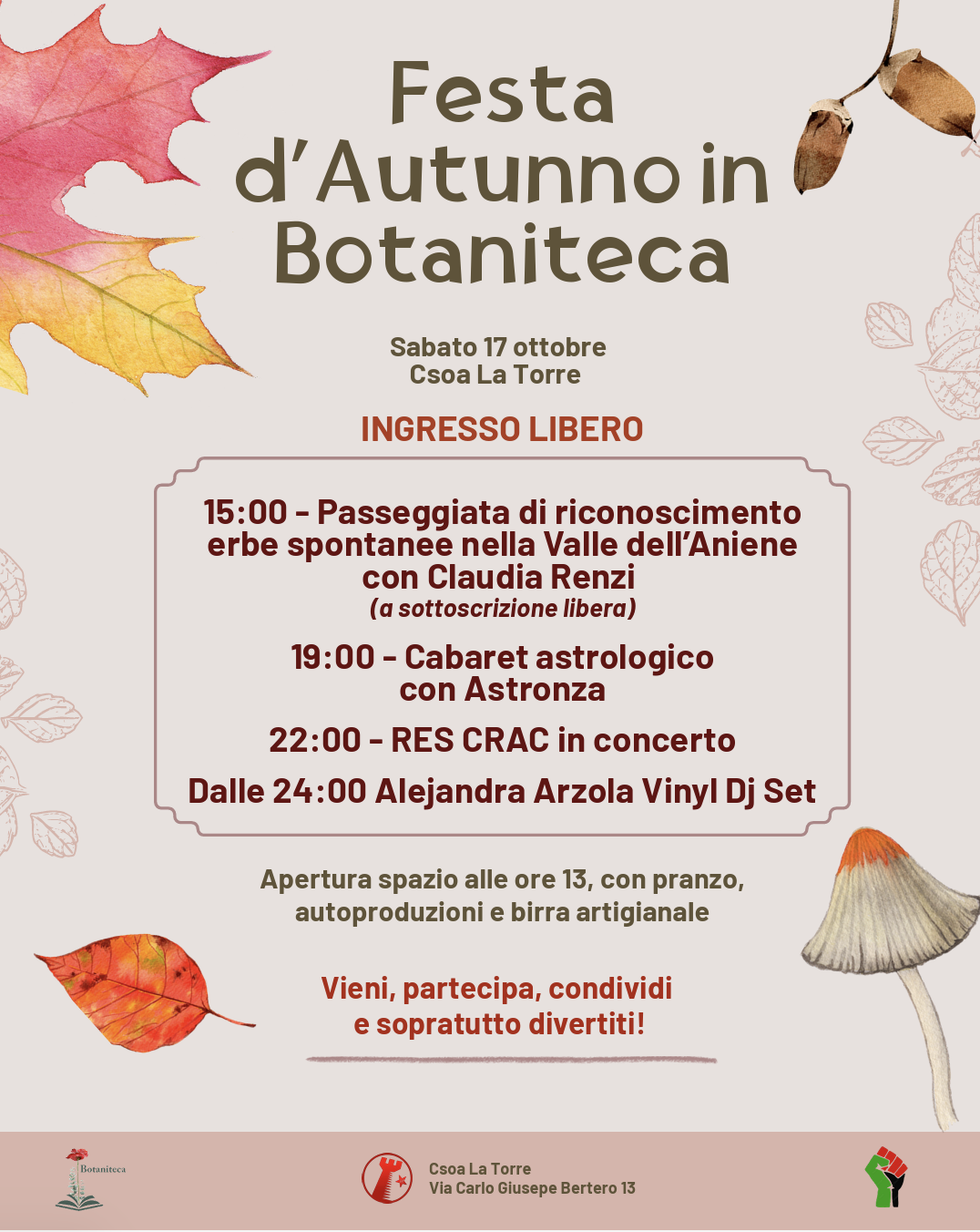 Festa d'Autunno e Passeggiata botanica nella Valle dell'Aniene - CSOA La Torre, Roma 7 Festa d'Autunno e Passeggiata botanica nella Valle dell'Aniene - CSOA La Torre, Roma 7